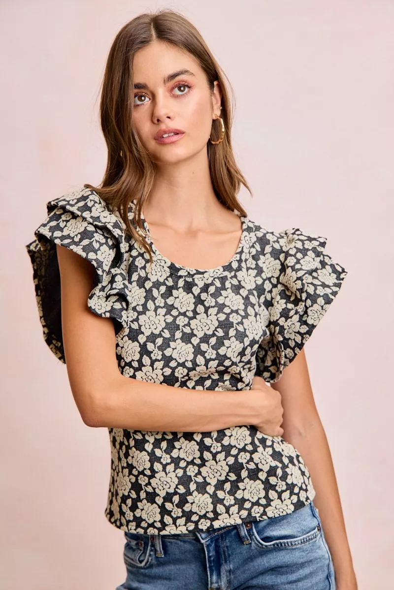 BiBi Floral Jacquard Ruffle Sleeves Knit Top, image 16