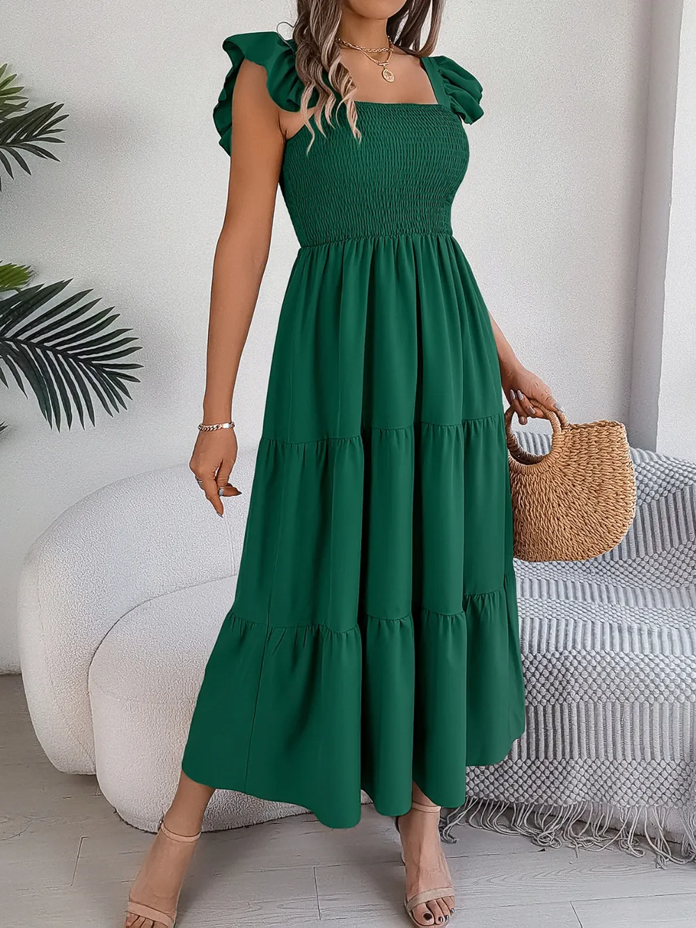 Smocked Square Neck Cap Sleeve Midi Dress, image 17