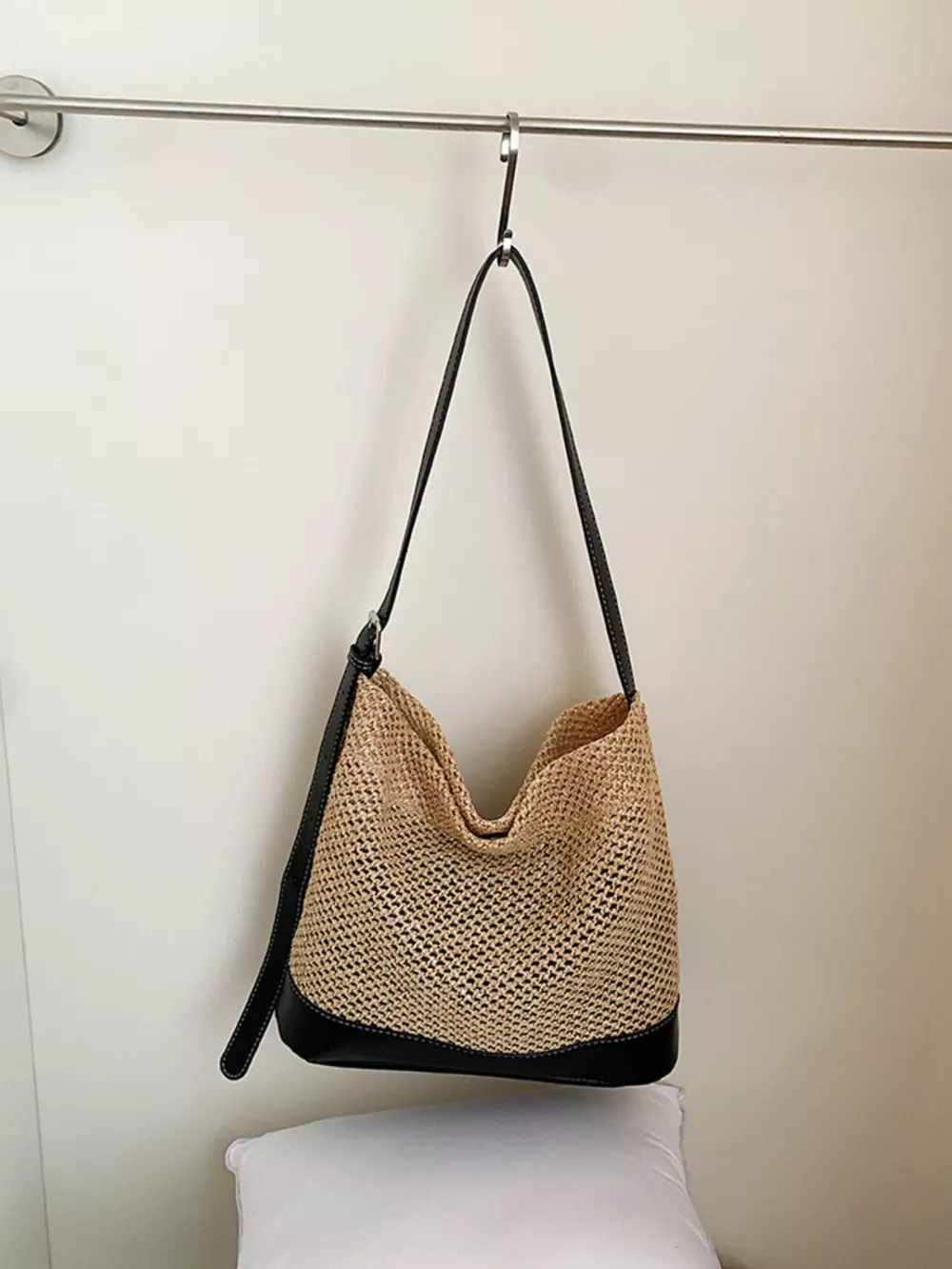 Leather Trim Woven Shoulder Bag, image 2