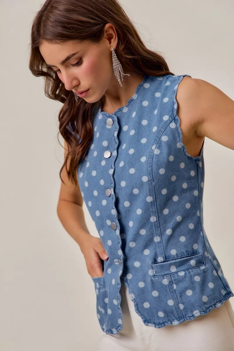 Polka Dot Denim Scallop Edge Button Down Vest Top, image 6