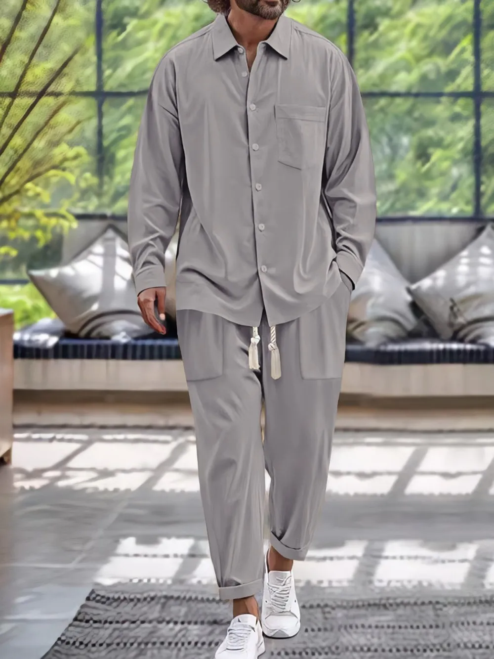 Men's Button Down Long Sleeve Shirt and Pants Set, image 4