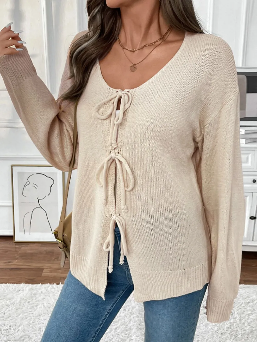 Tied Round Neck Long Sleeve Cardigan, image 3