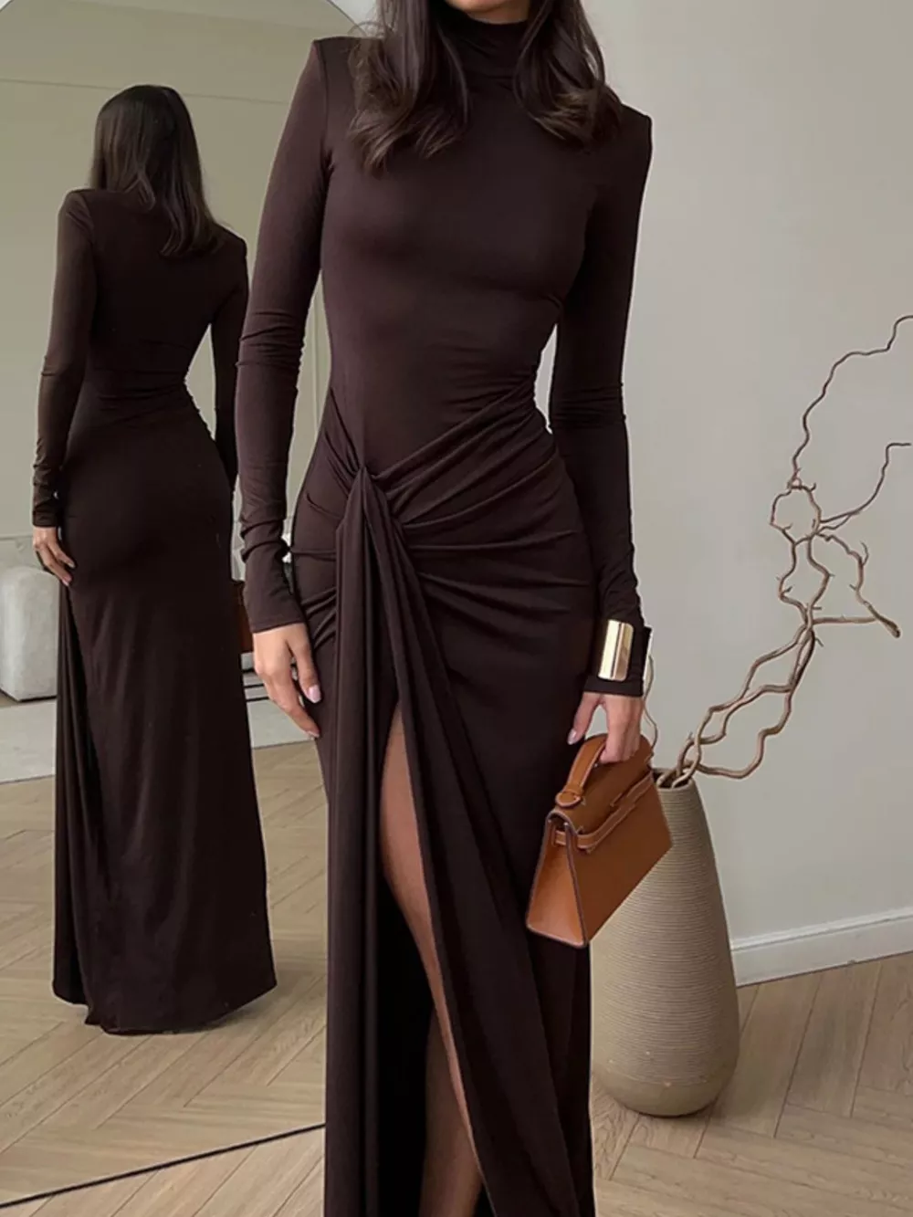 Turtleneck Long Sleeve Slit Maxi Dress, image 8