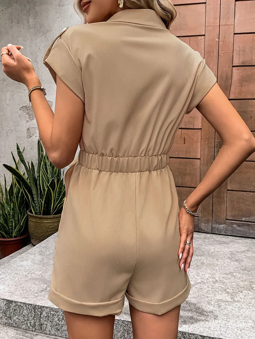 Collared Neck Tie Waist Romper with Pockets, image 6