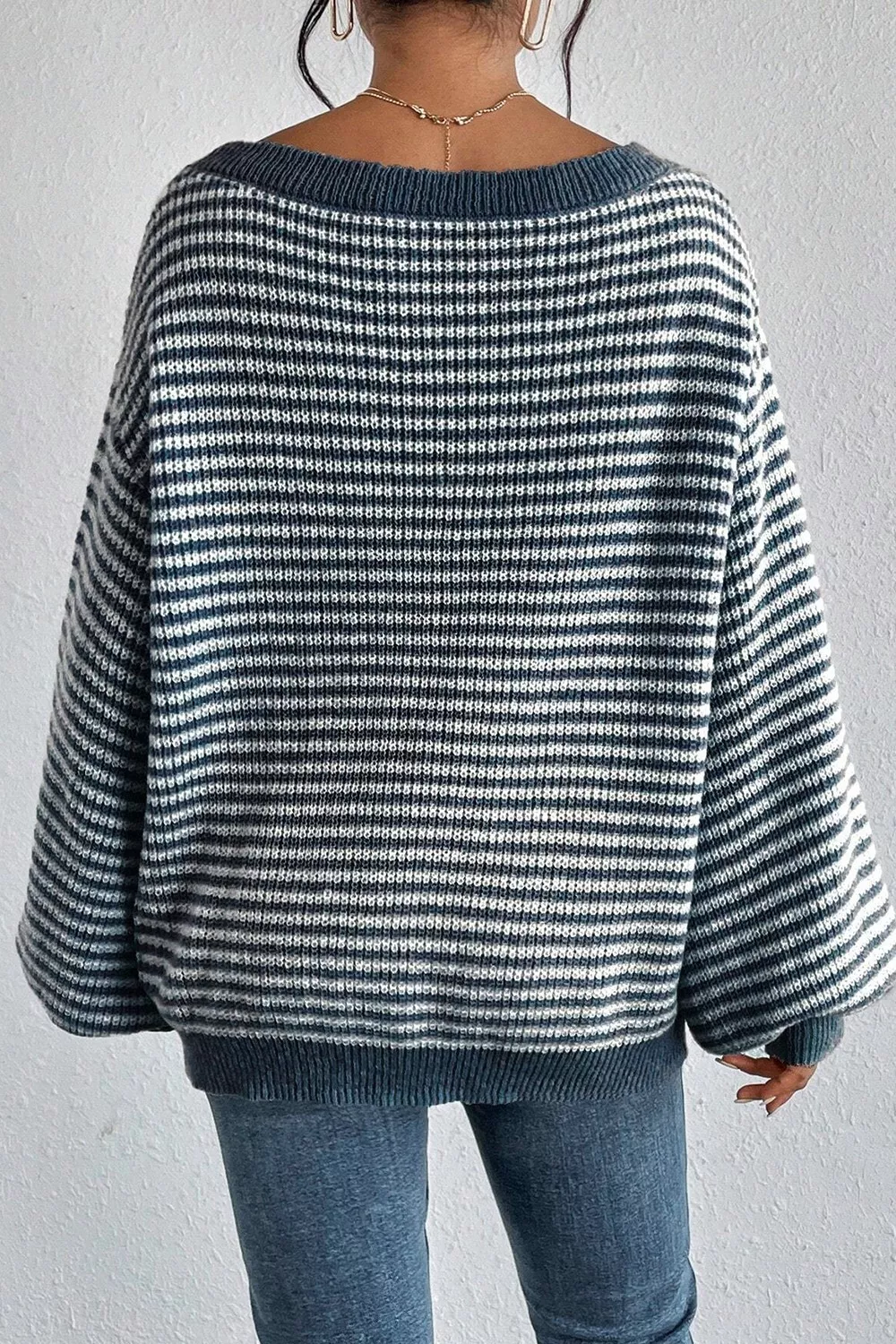 Striped Lantern Sleeve Drop Shoulder Cozy Sweater, image 6