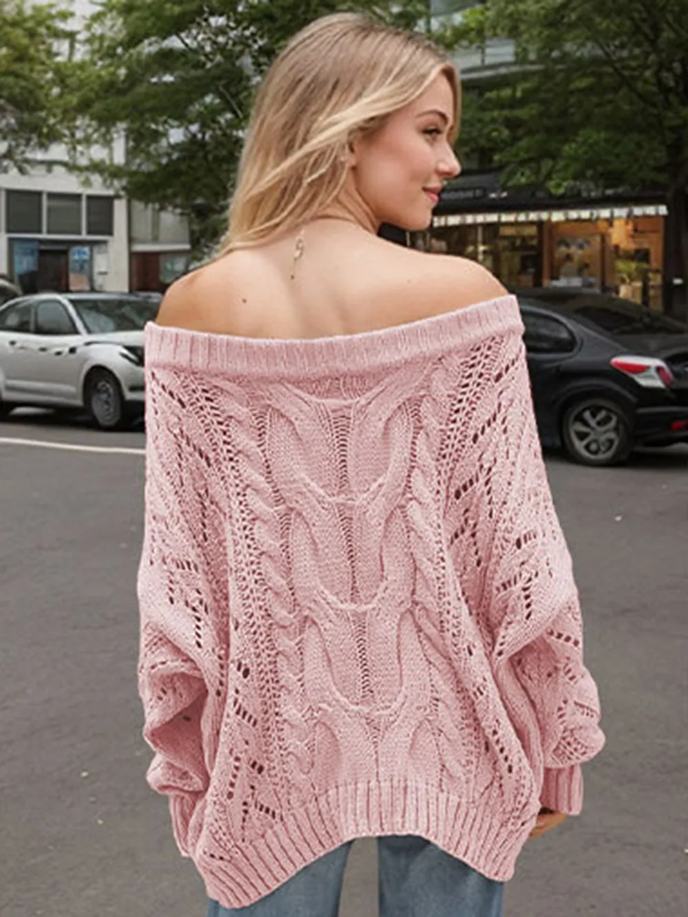 Cable Knit Openwork Off-Shoulder Sweater, image 8