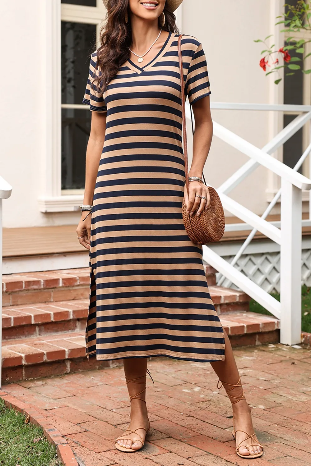 Casual Striped V-Neck Midi T-Shirt Dress, image 14