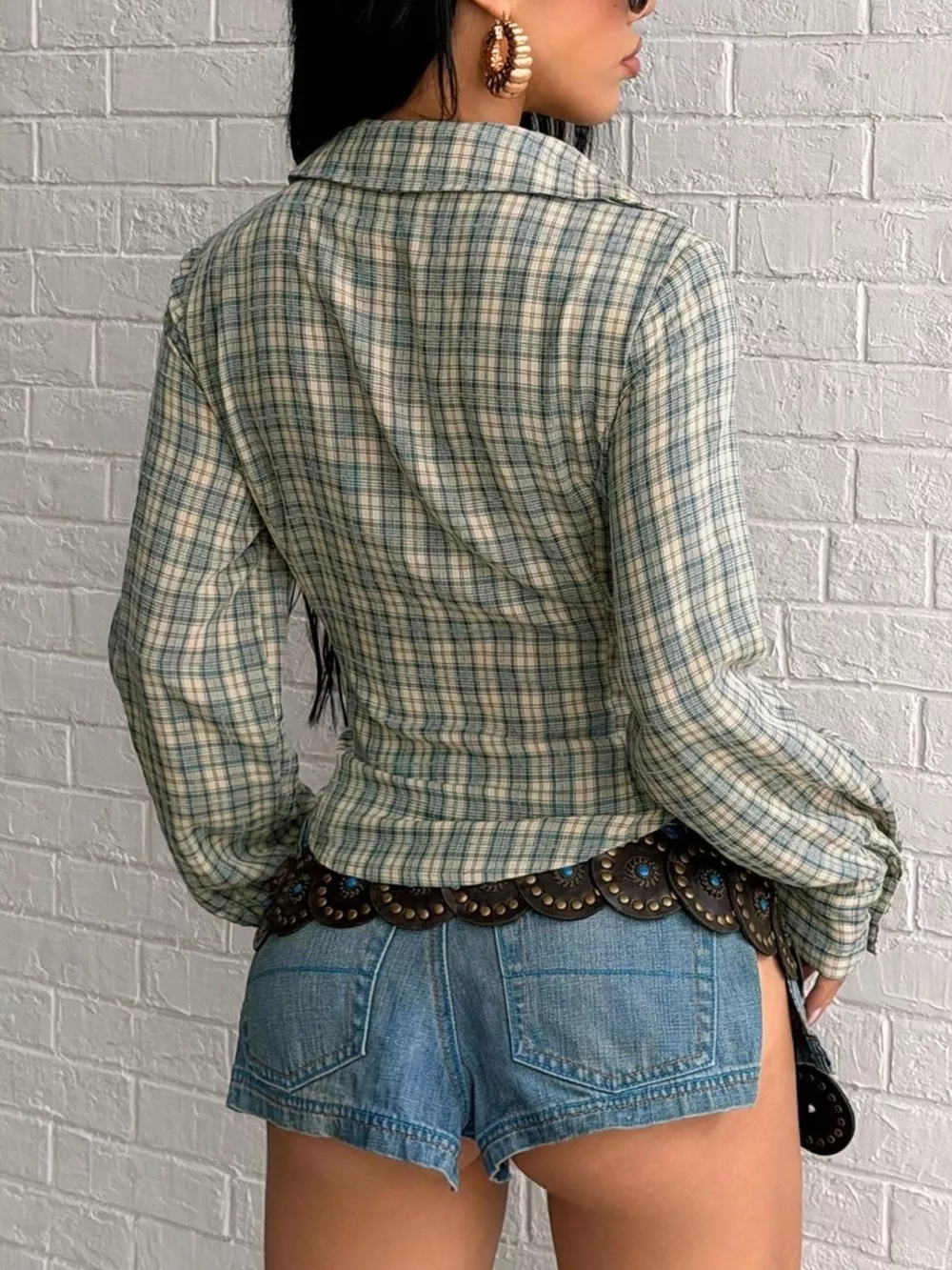 Plaid Deep V-Neck Long Sleeve Slim Fit Blouse, image 5