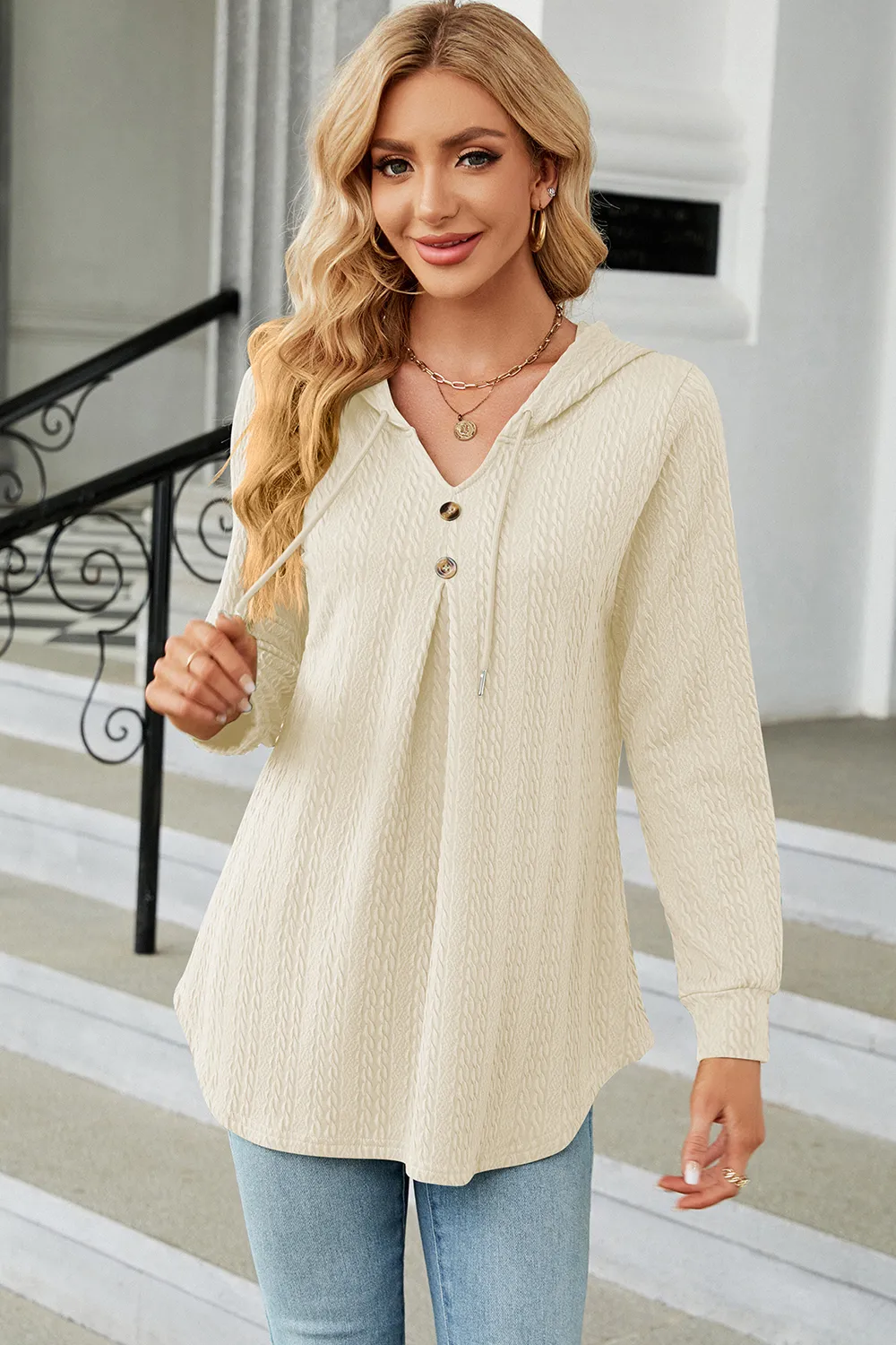 Decorative Button Drawstring Long Sleeve Hoodie, image 26