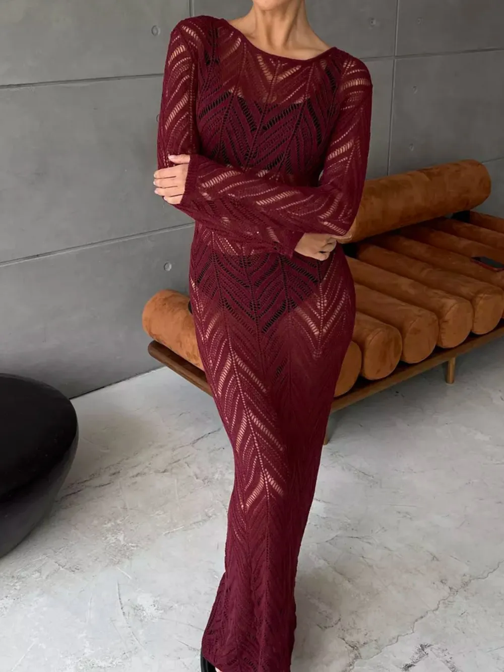 Openwork Long Sleeve Knit Cover Up Dress, image 7