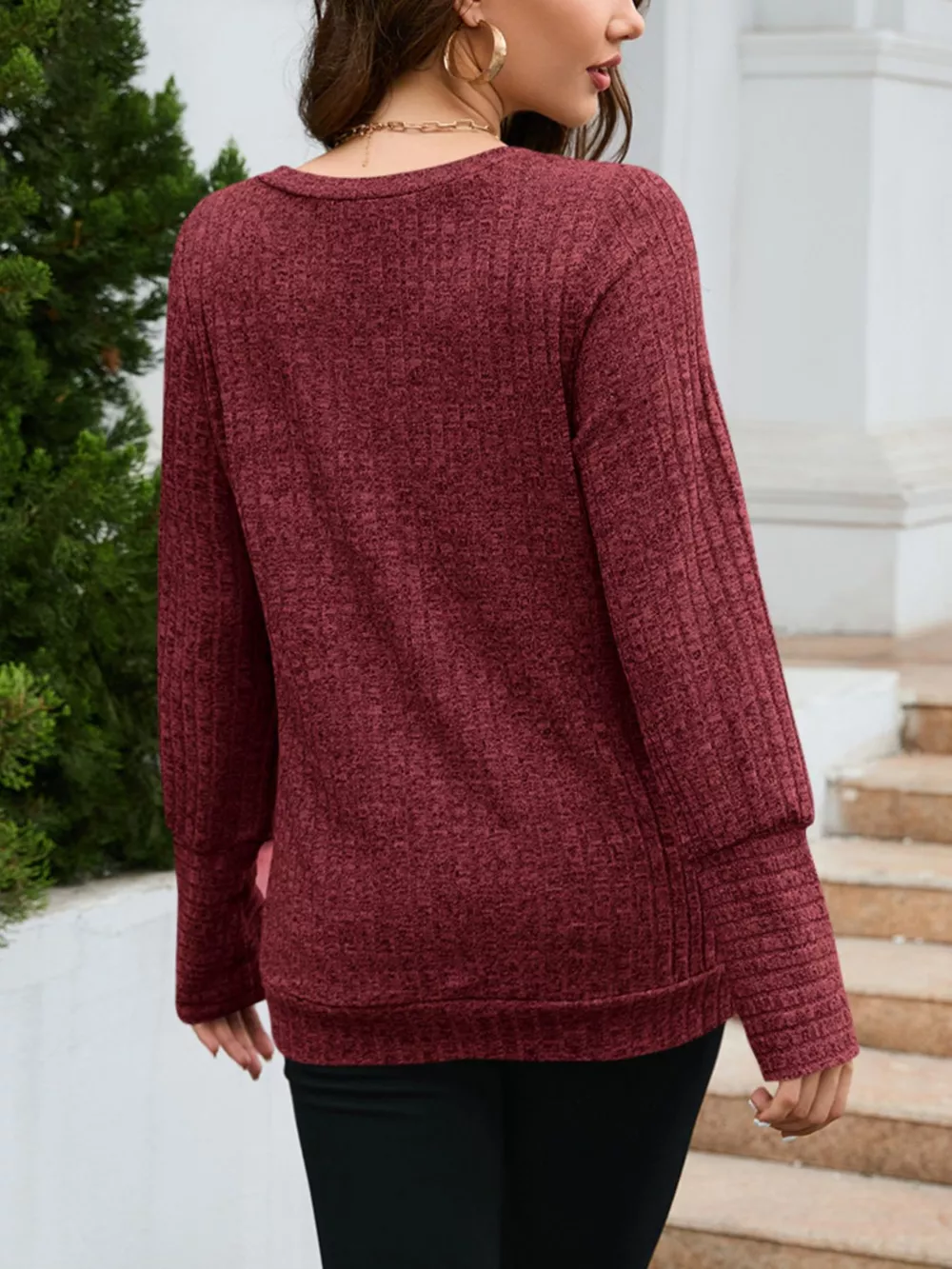 V-Neck Textured Knit Long Sleeve T-Shirt, image 19