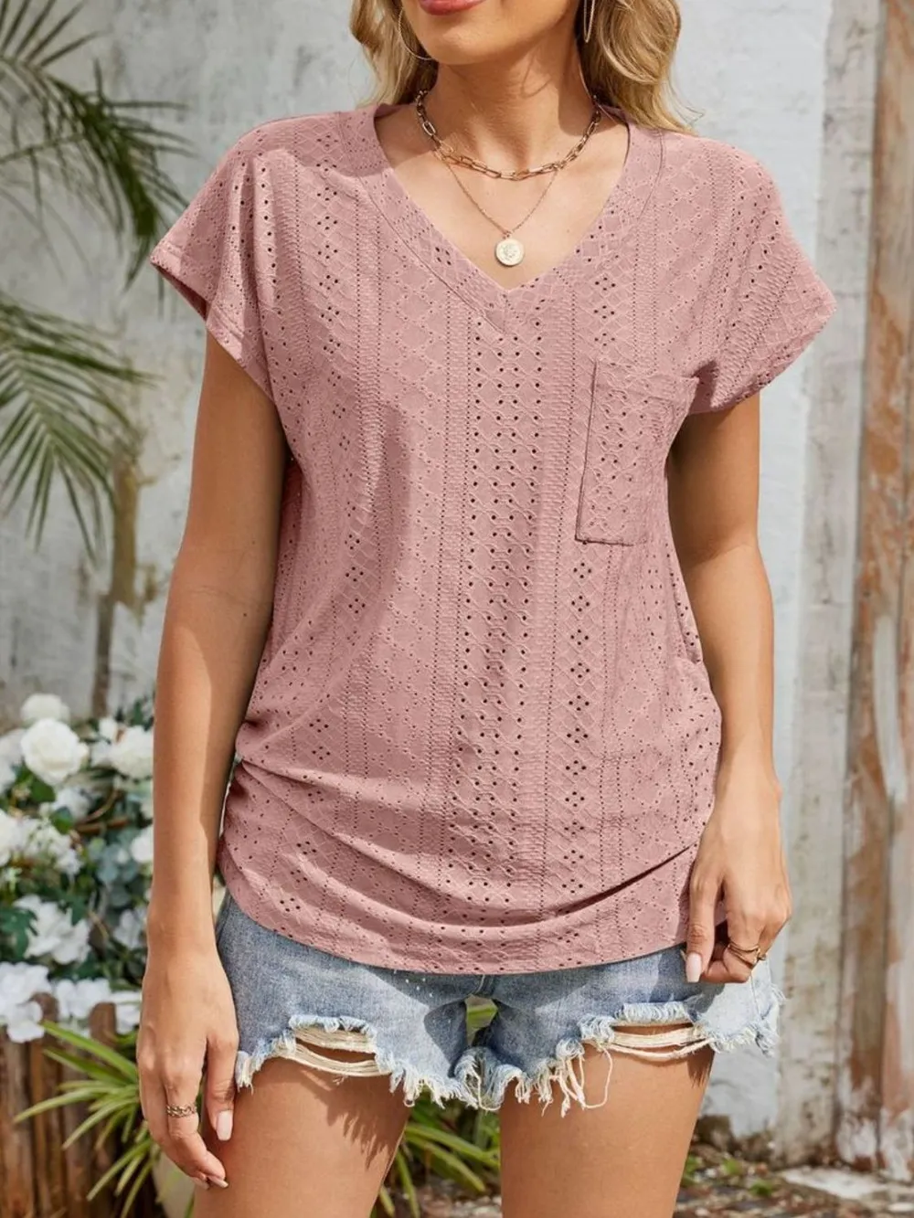 Eyelet V-Neck Short Sleeve Top, image 23