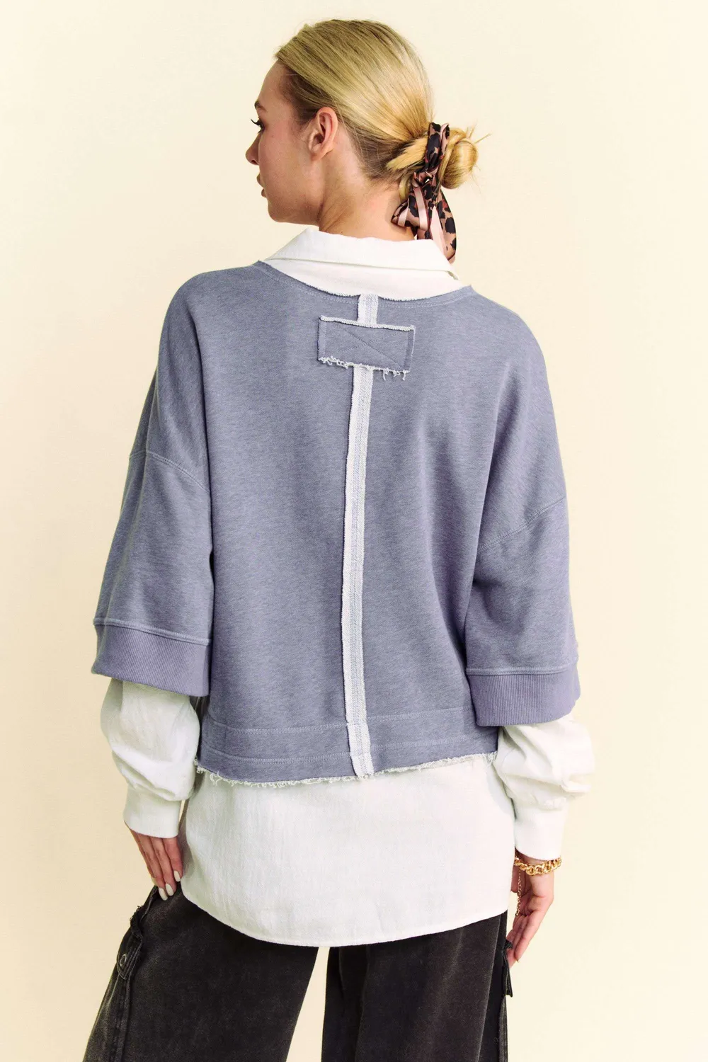 Faux Layered French Terry Contrast Top, image 2