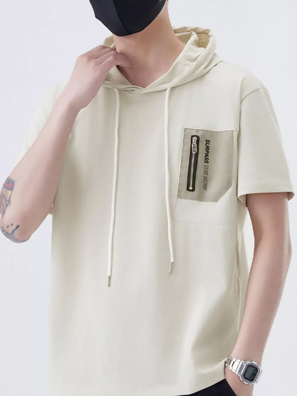 Men's Plus Size Drawstring Short Sleeve Hooded Top