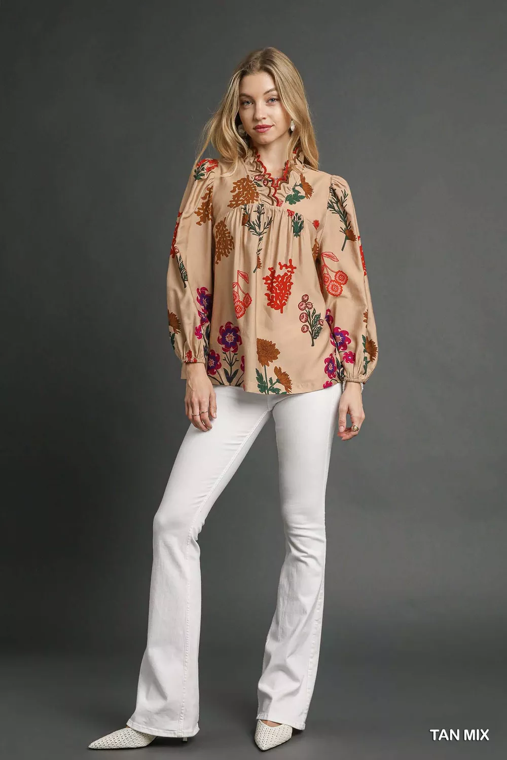 Flower Print Blouse with Scalloped Neckline, image 4