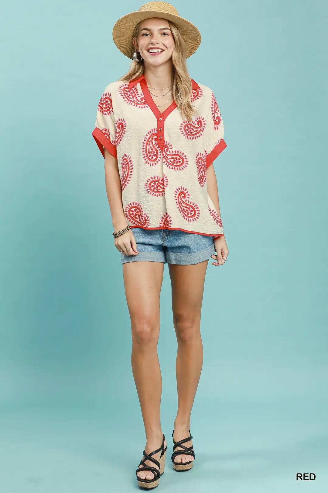 Paisley Print Contrast Trim Top, image 6