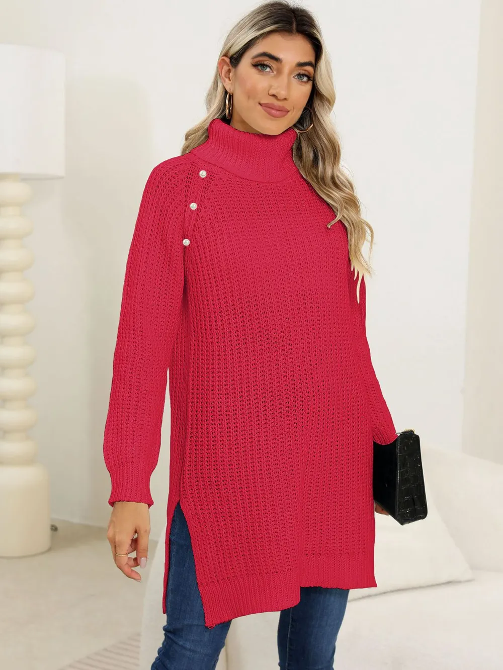 Slit Turtleneck Long Sleeve Sweater, image 17