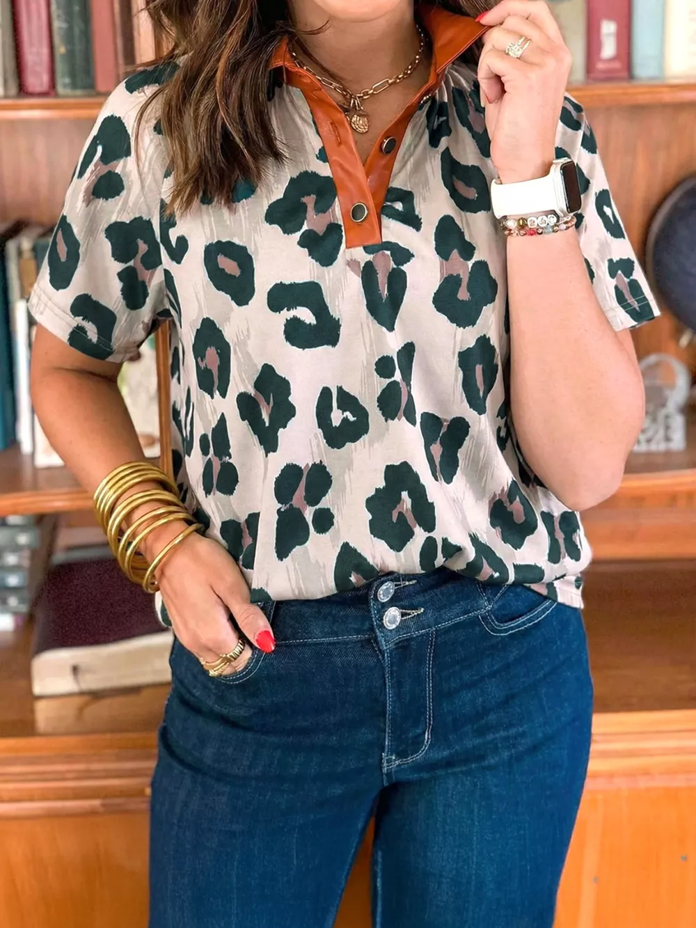 \Leopard Print Button Contrast Collared Short Sleeve Blouse, image 6