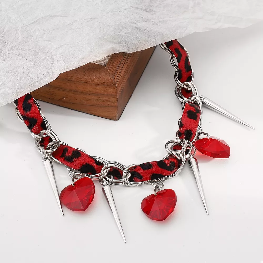 Heart Charm Choker Necklace with Metal Spikes, image 6