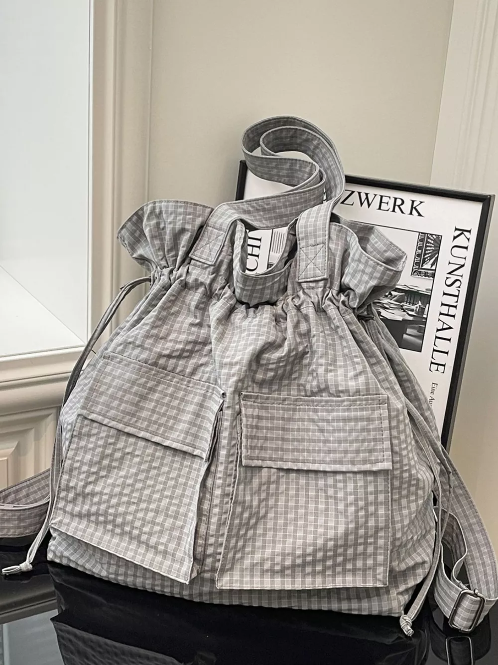 Convertible Plaid Drawstring Backpack Bag, image 2