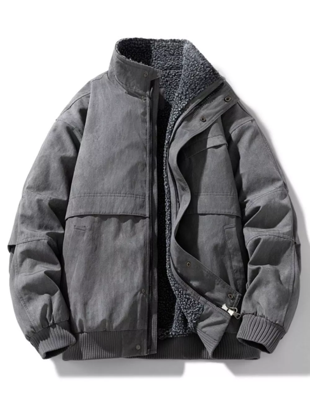 Men's Plus Size Sherpa Lined Stand Collar Bomber Jacket, image 3