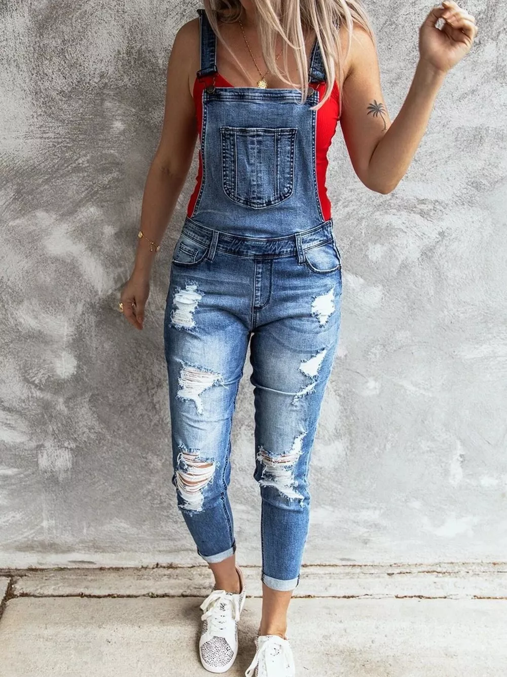 Wide Strap Distressed Denim Overalls, image 3