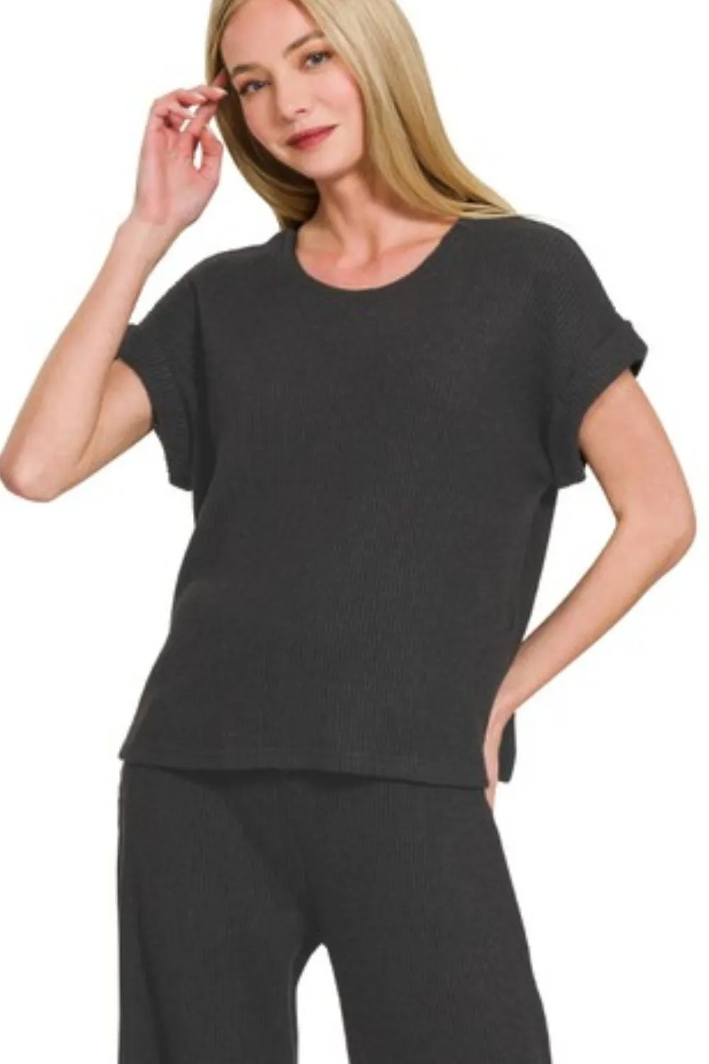 Rolled Sleeve Top and Pants Sweater Set, image 2
