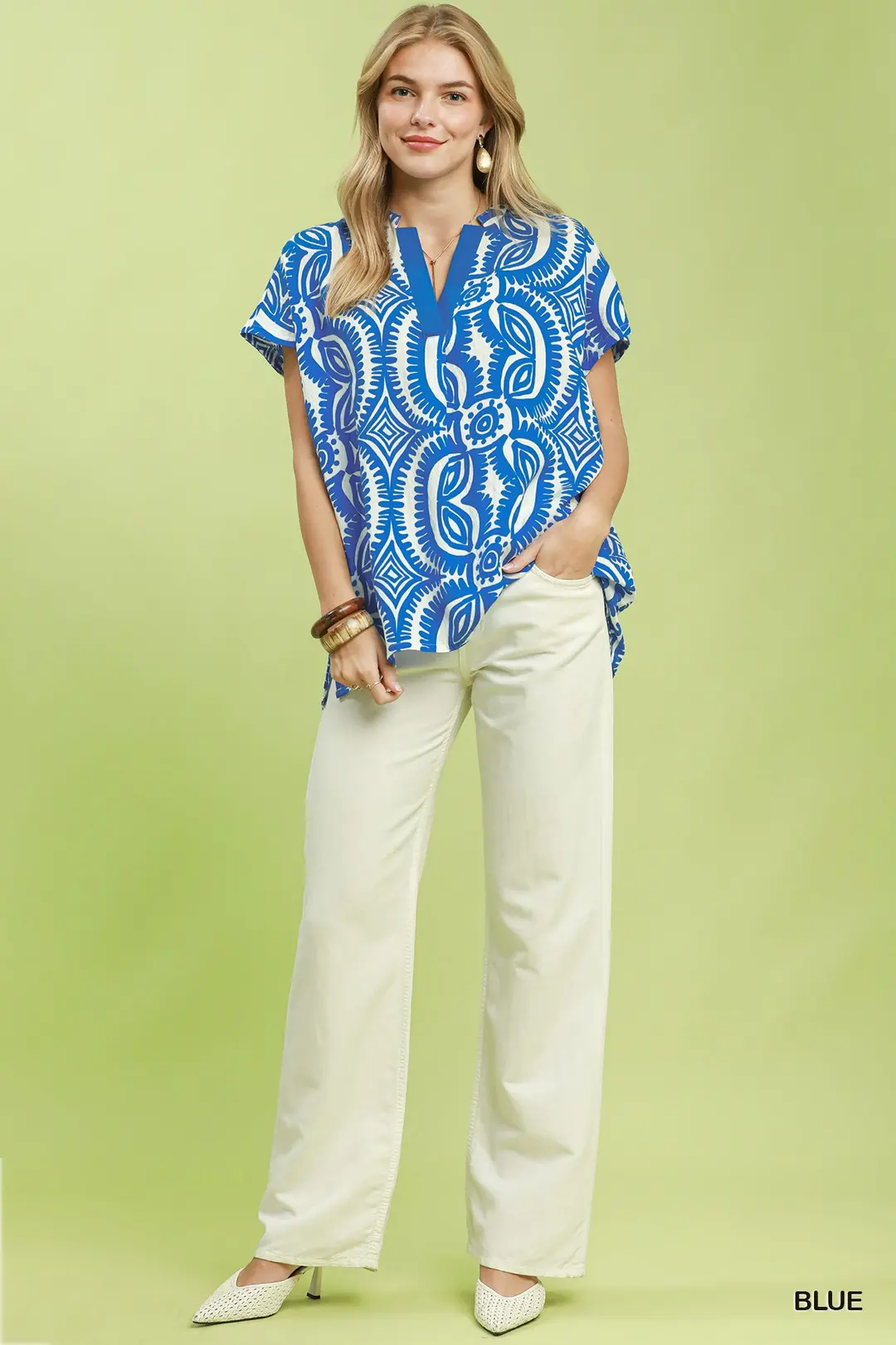 Geometric Print V-Neck Short Sleeve Top, image 5