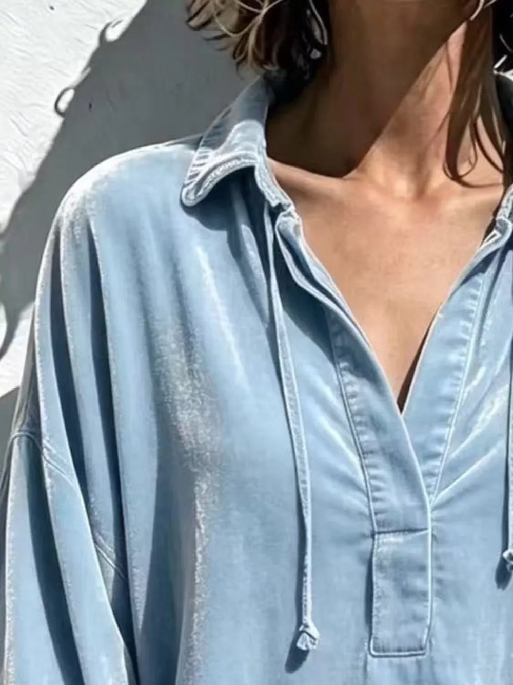 Full Size Oversized Velvet Collared Neck Drawstring Blouse Plus Size, image 8