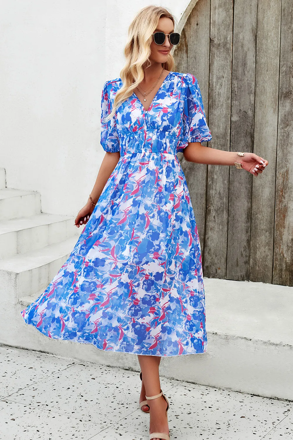 Smocked Printed V-Neck Short Sleeve Dress, image 7