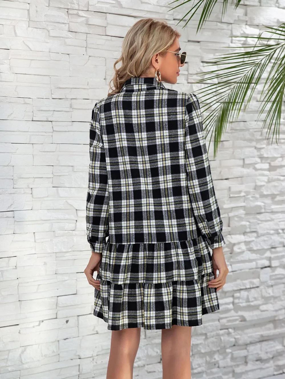 Ruffle Hem Plaid Button Down Long Sleeve Dress, image 11