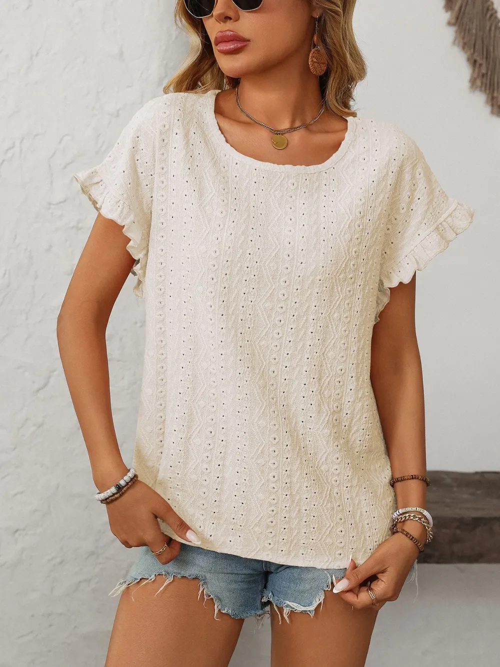 Eyelet Round Neck Short Sleeve Top, image 21