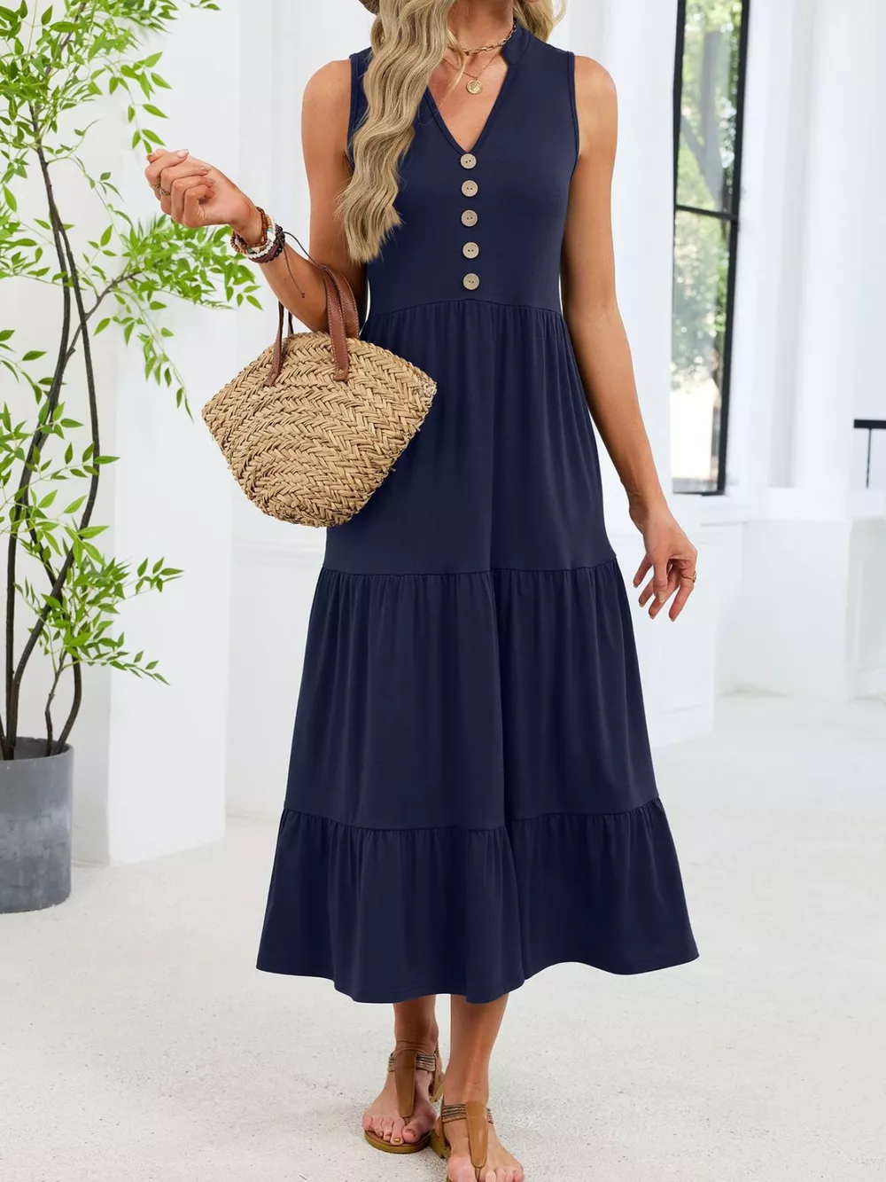Sleeveless Notched Tiered Midi Dress, image 15