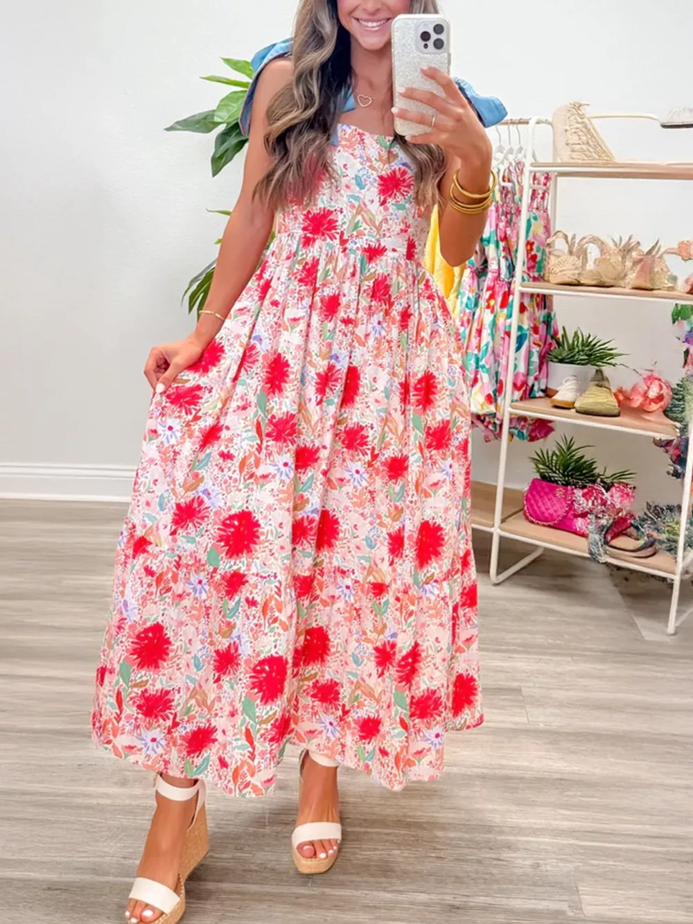 Floral Print Tie-Shoulder Midi Dress, image 3