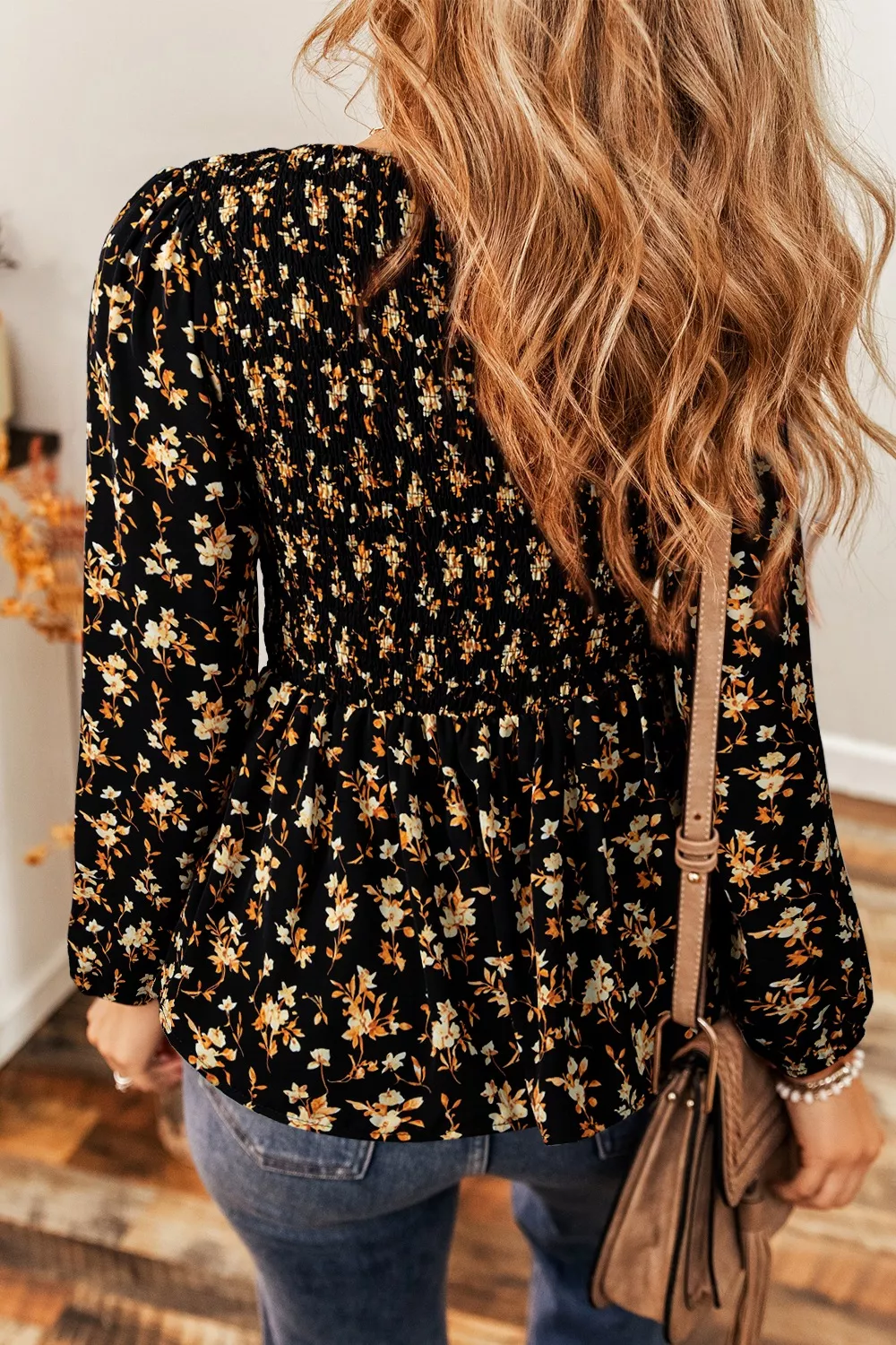 Floral Print Smocked Waist Long Sleeve Blouse, image 7