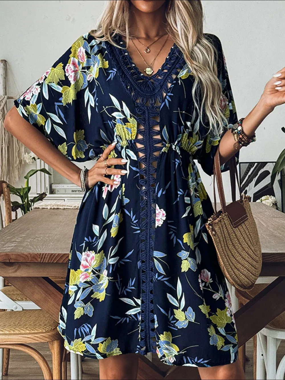 Crochet Front V-Neck Printed Cover-Up, image 6