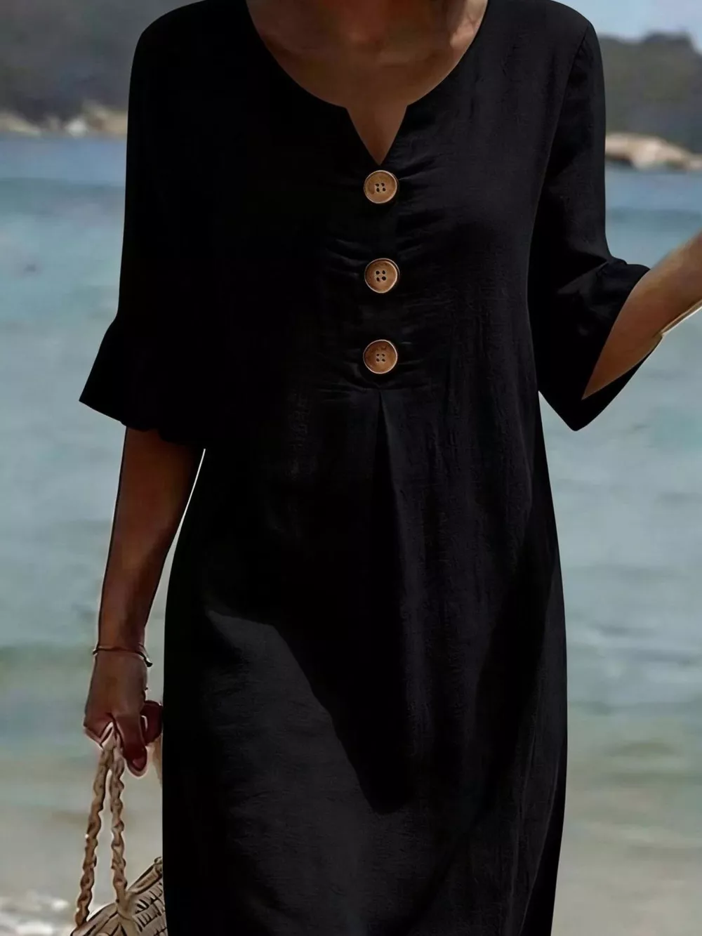 Full Size Decorative Button Ruffle Half Sleeve Dress Plus Size