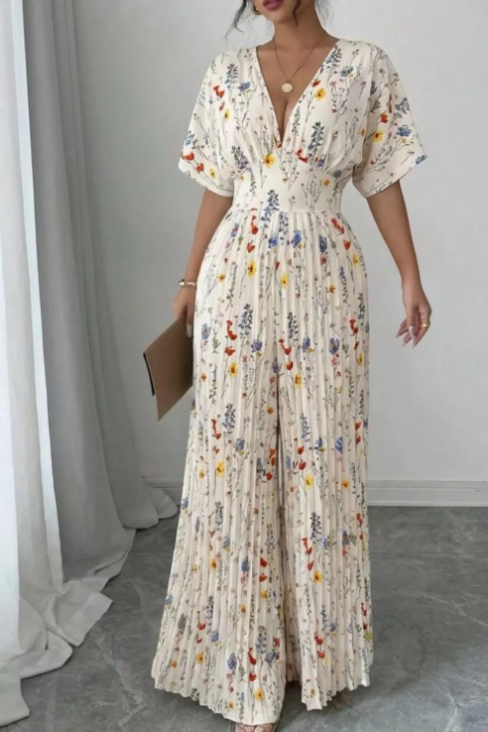 Floral Print Wide Leg Pleated Jumpsuit, image 5