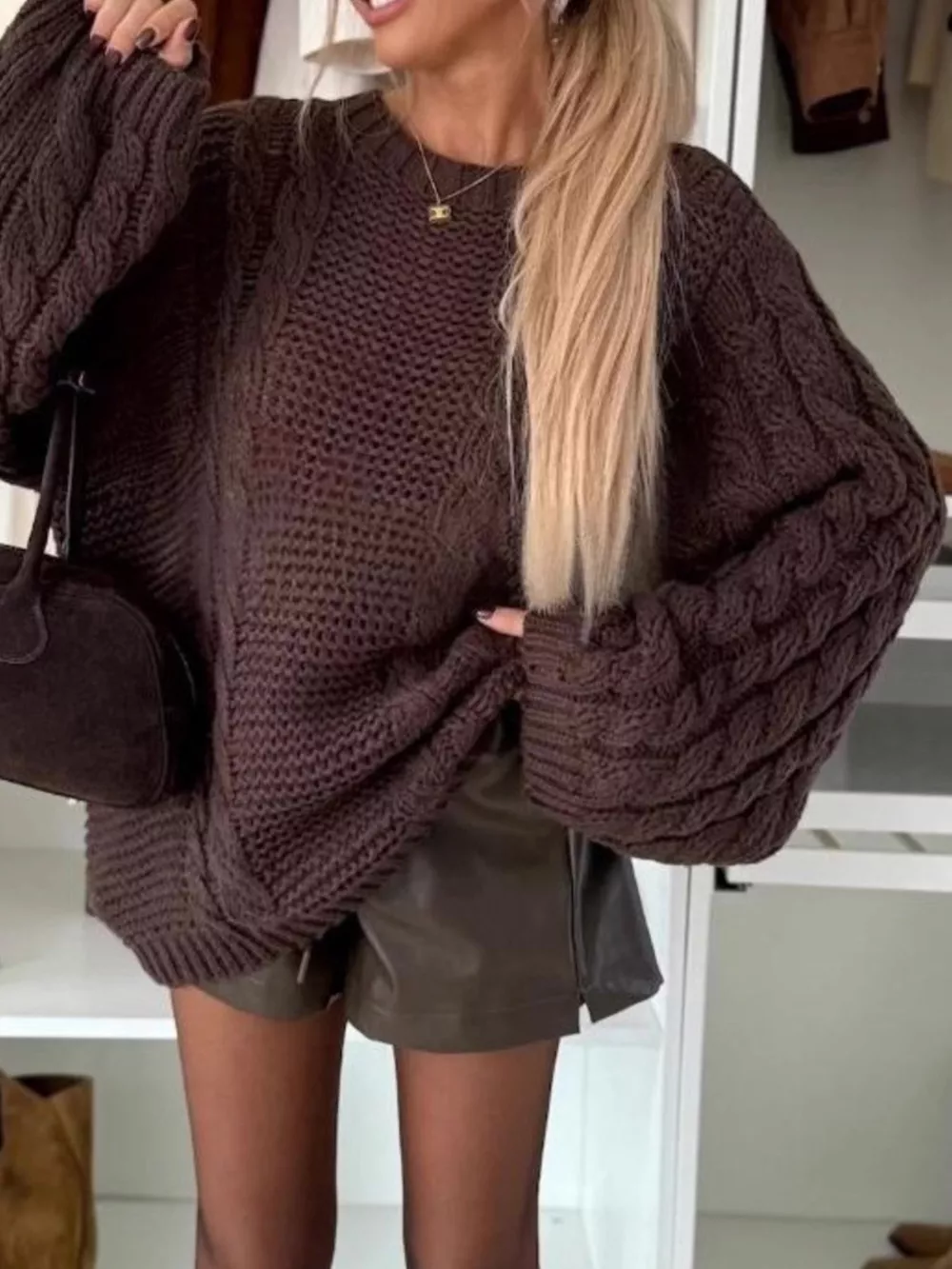 Cable Knit Round Neck Oversized Sweater, image 6