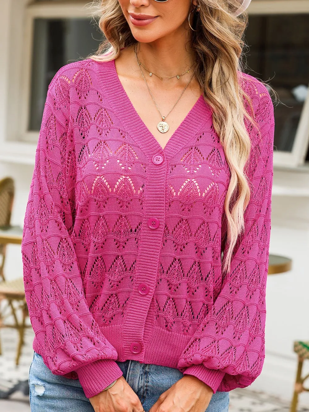 Buttoned Front Openwork Cardigan, image 7