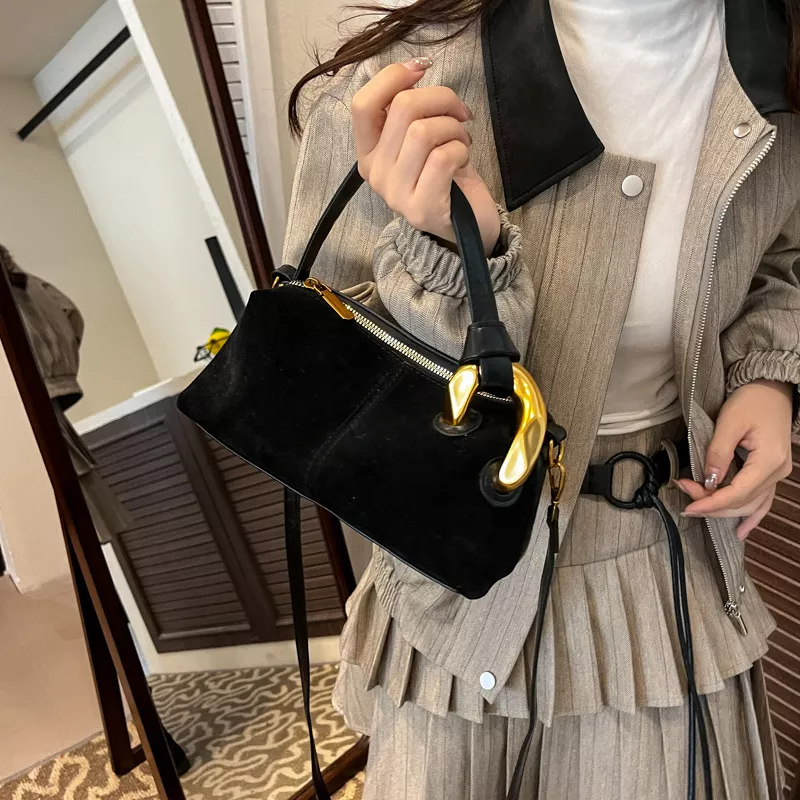Suede Crossbody Bag with Gold Hardware