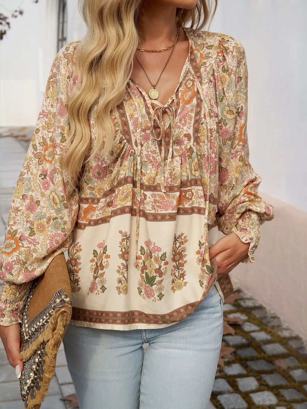 Floral Print Tie Neck Bohemian Blouse, image 9