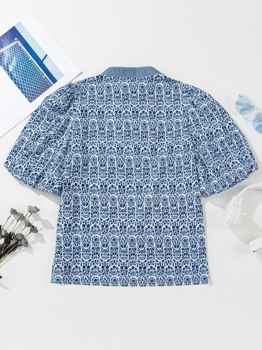 Printed Contrast Ric-Rac Puff Sleeve Top, image 4