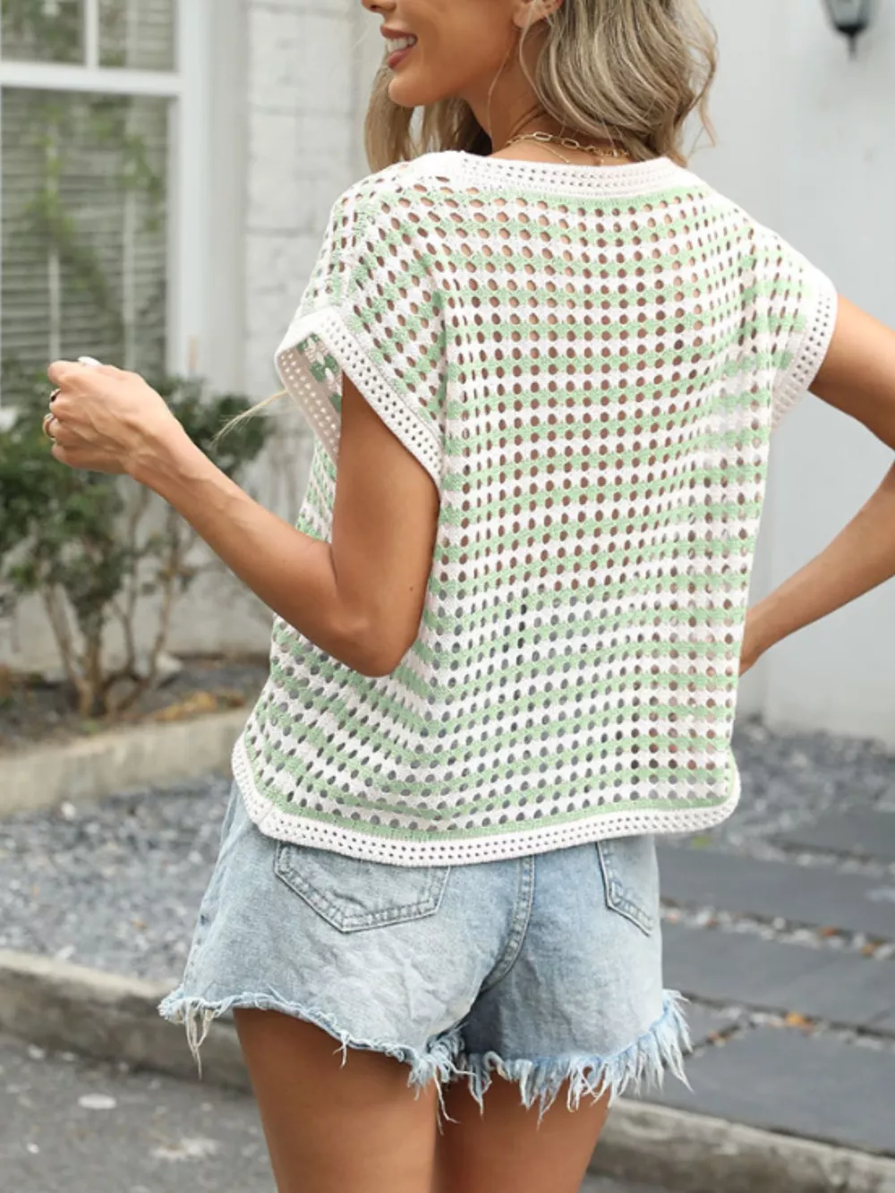 Striped Short Sleeve Crochet Knit Top, image 8