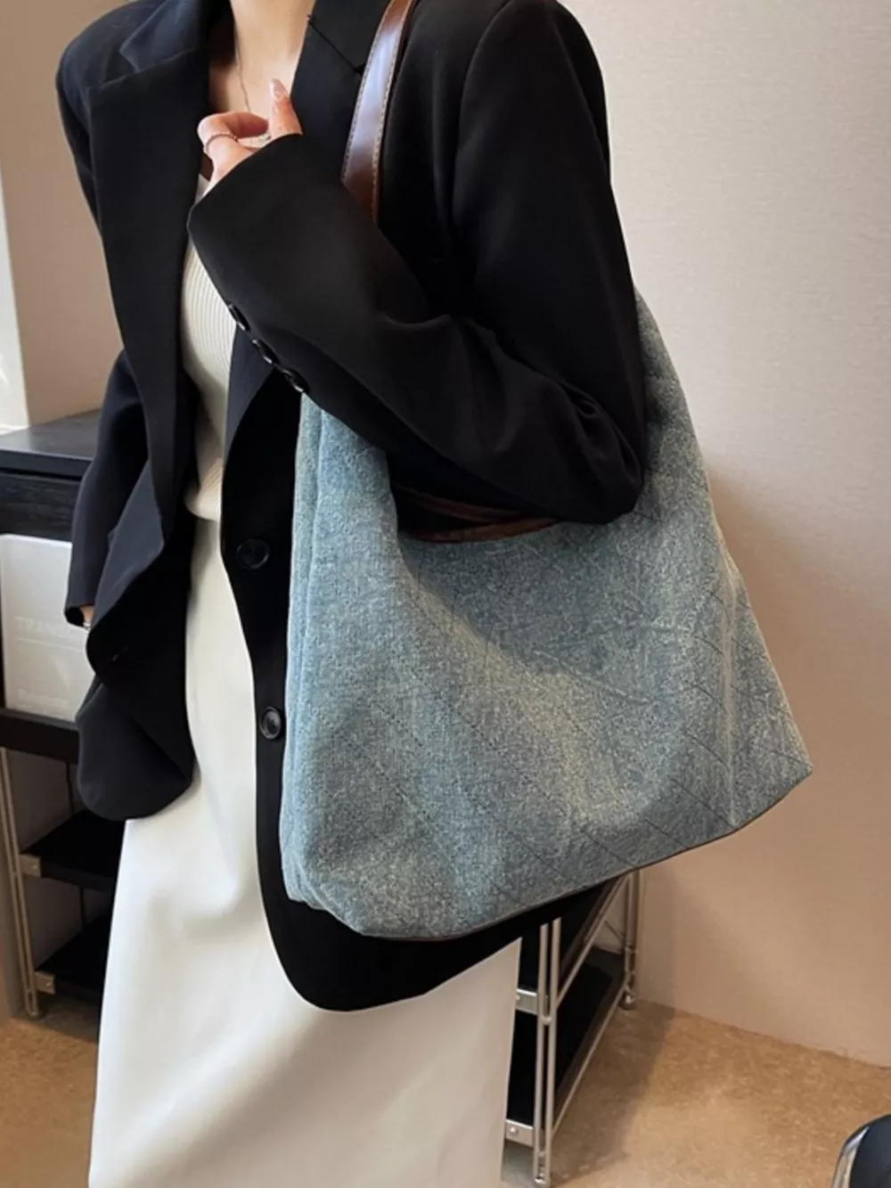 Denim Shoulder Bag with Leather Trim, image 6