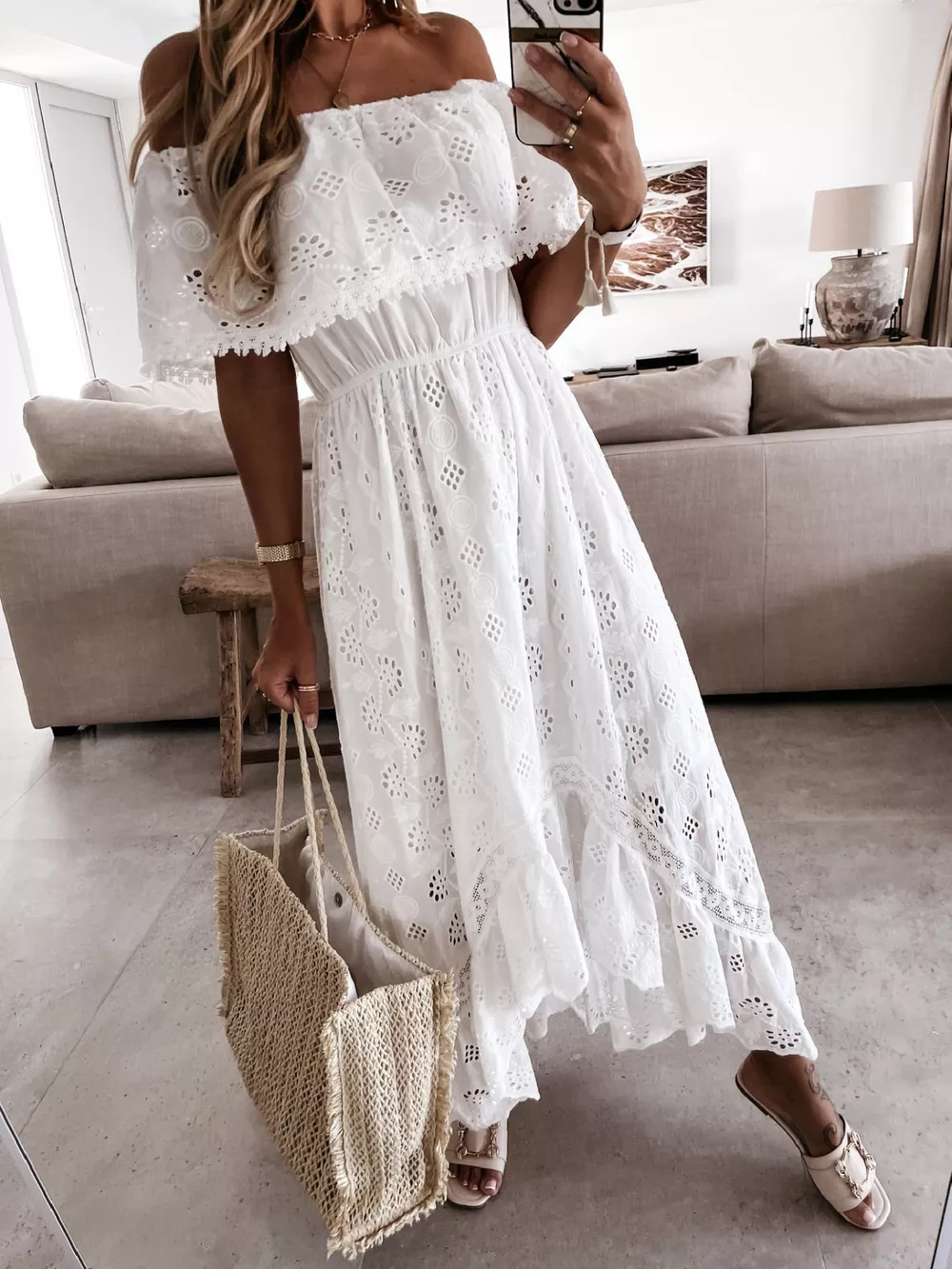 Off-Shoulder Eyelet Lace High-Low Maxi Dress, image 2