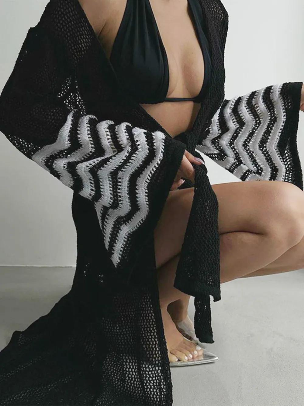 Openwork Striped Flare Sleeve Cover-Up, image 2