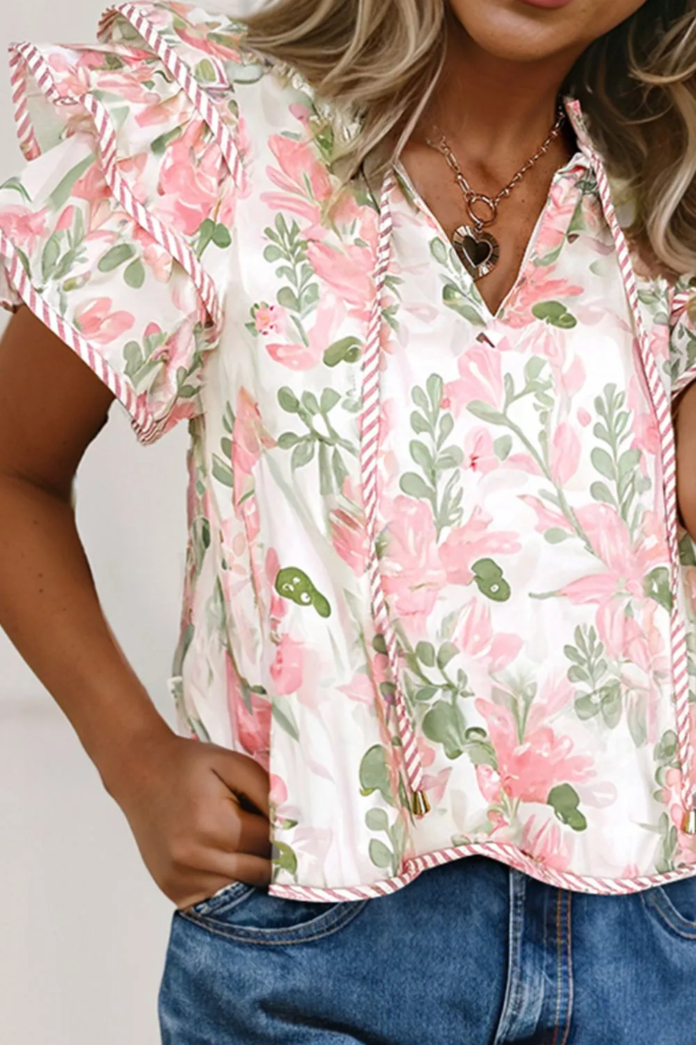 Floral Print Flutter Sleeve Tie Neck Blouse, image 2