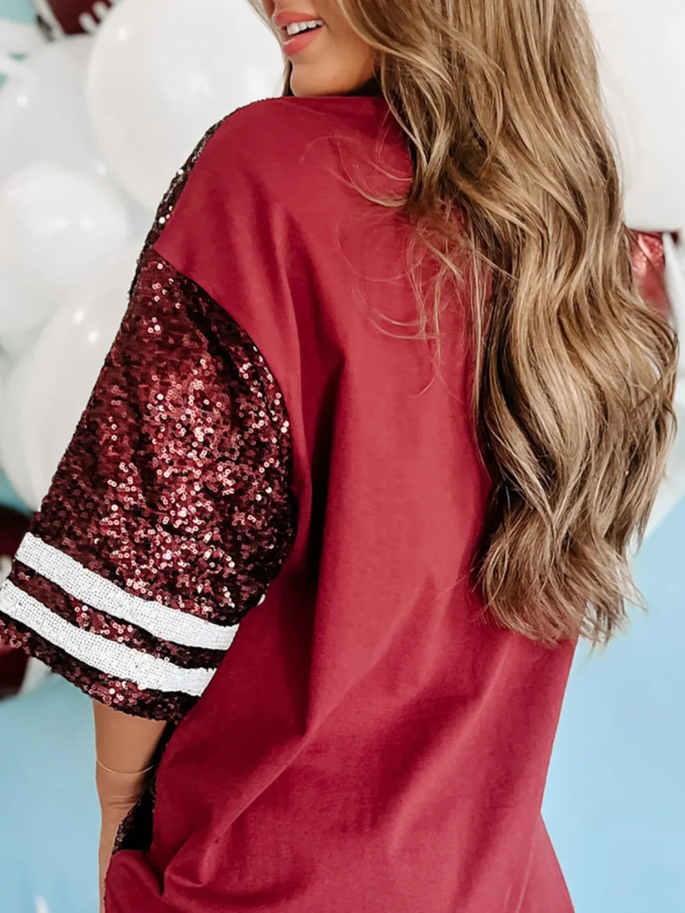 Sequin Football Round Neck Half Sleeve Oversize Top, image 4