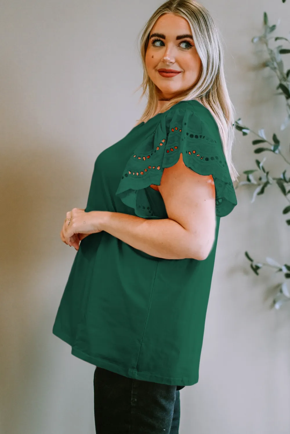 Plus Size Eyelet Round Neck Short Sleeve Blouse, image 8
